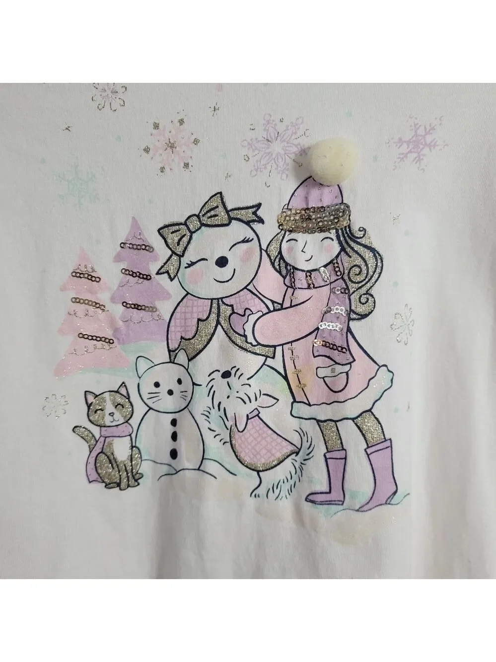 Cynthia Rowley Top Girls' White Winter M 7/8 Snowman cats frilly lace glitter